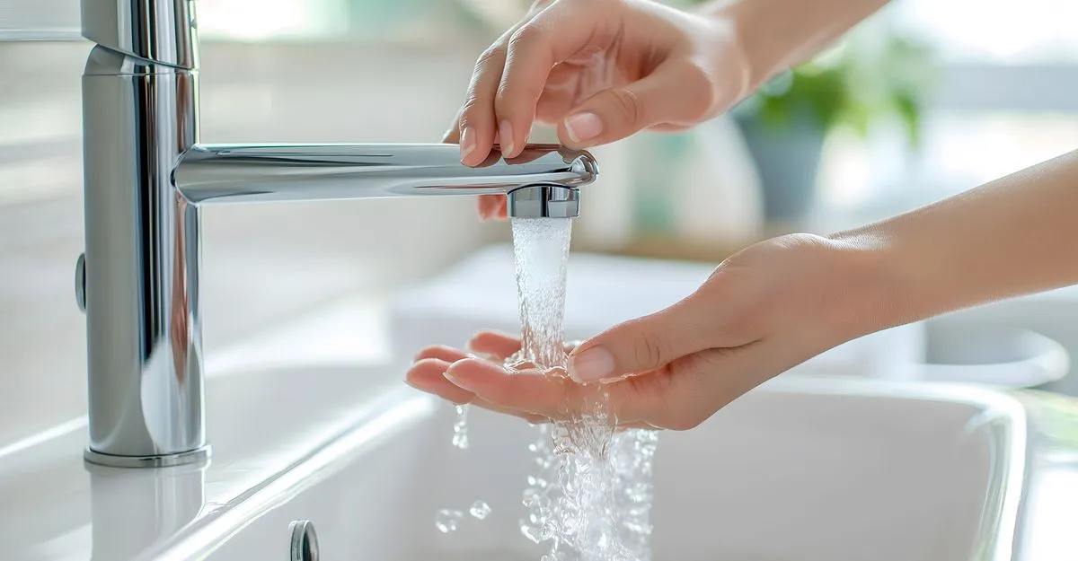 Wasser fließt aus einem Wasserhahn in eine Hand